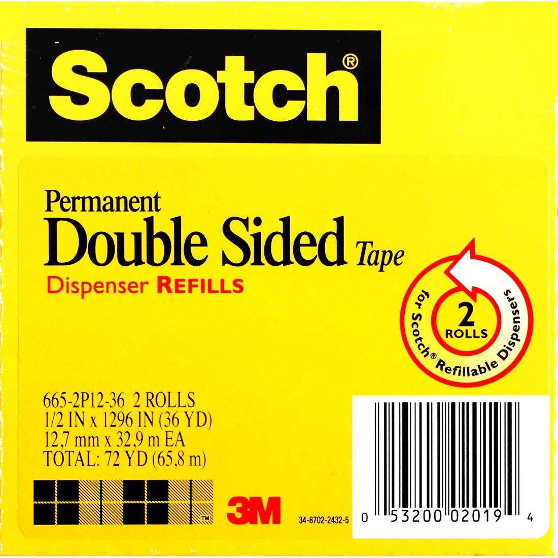 Scotch #665 Double Sided Permanent Tape, 2-pack, with 3" Core