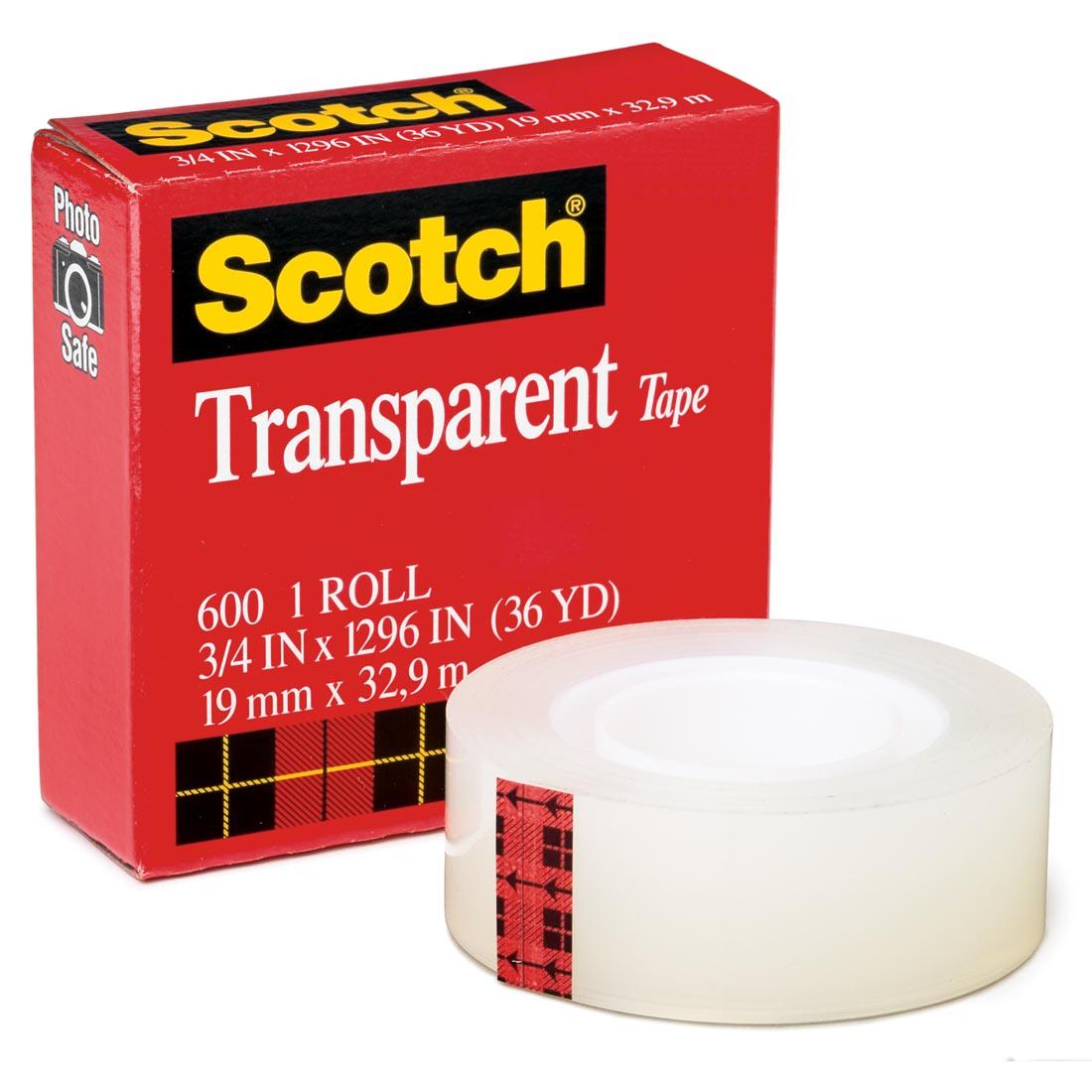 Scotch #600 Transparent Tape, 3/4" wide with 1" Core, shown outside of box