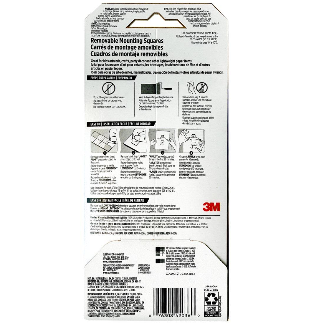 Back of package of Scotch Removable Mounting Squares
