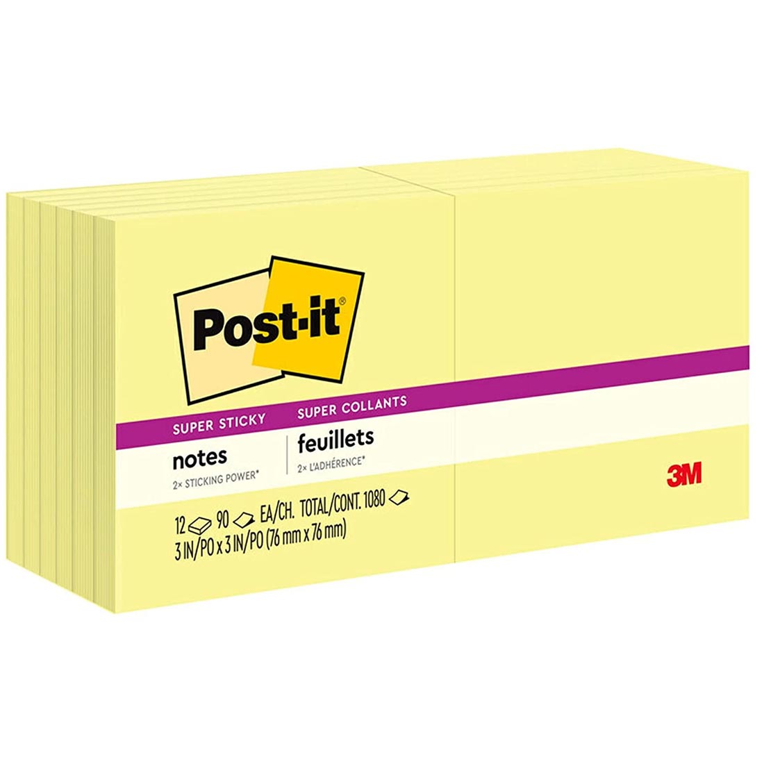Post-it Super Sticky Notes: Canary Yellow, 12 Pads total, 3x3" pads
