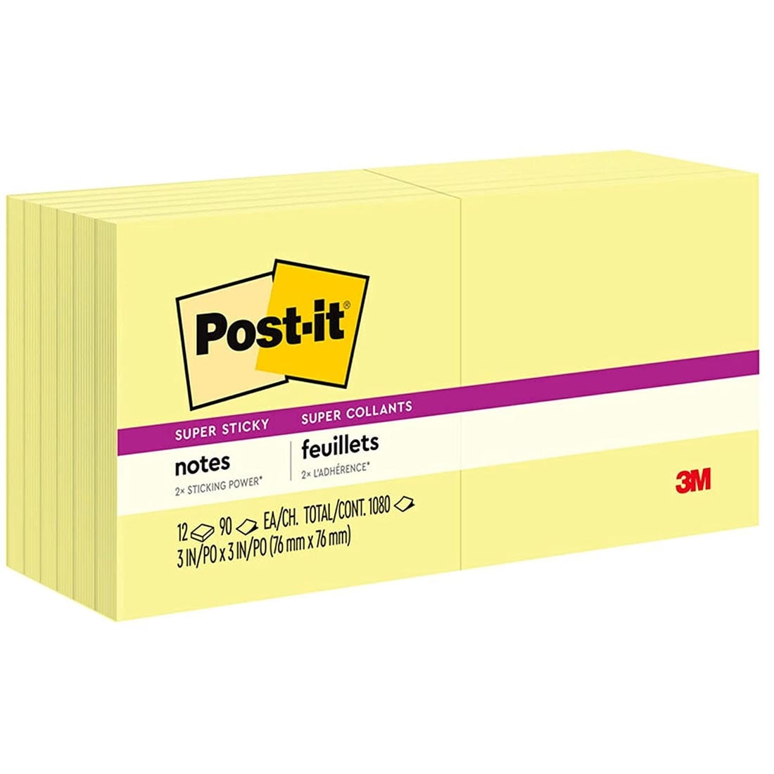 Post-it Super Sticky Notes: Canary Yellow, 12 Pads total, 3x3" pads