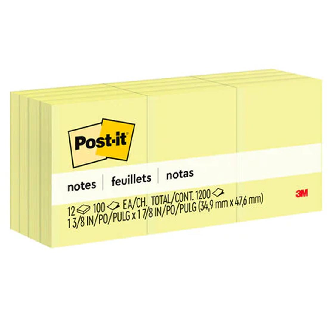 Post-it Notes: 1-1/2 x 2" pads, Canary Yellow, 12 pads total