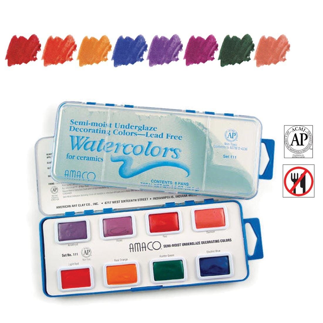 AMACO Semi-Moist Underglaze Decorating Colors Set with AP Seal symbol and not safe for food symbol