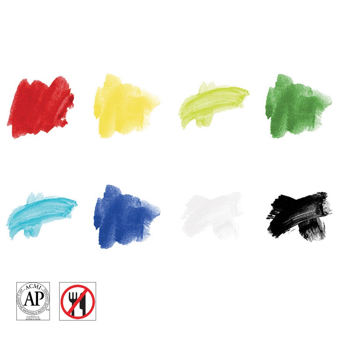color swatches from AMACO Semi-Moist Underglaze Decorating Colors Set 5 plus symbols for AP Seal and not food safe