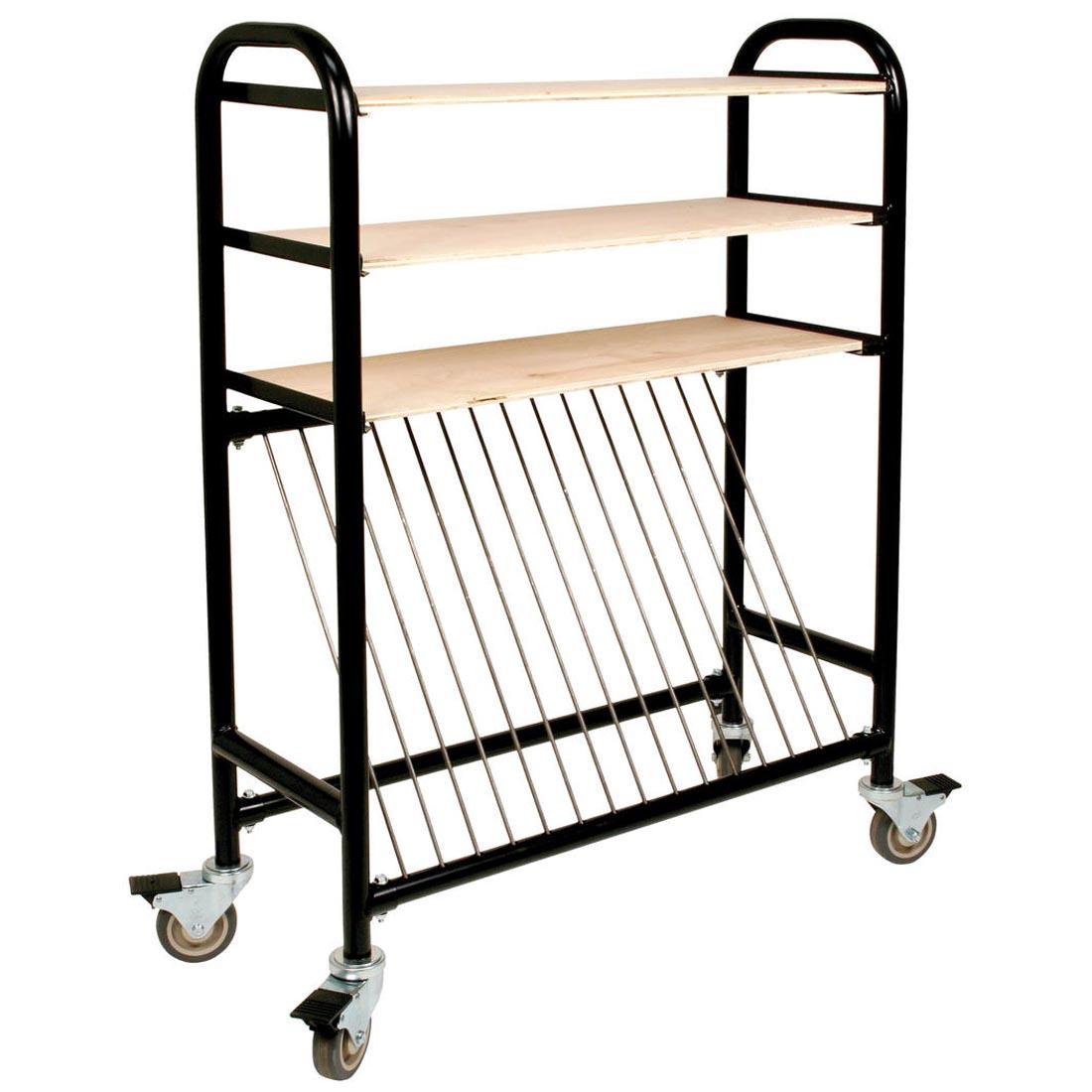 tall cart with 3 shelves and vertical steel rods