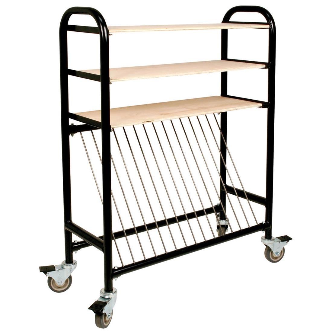 tall cart with 3 shelves and vertical steel rods