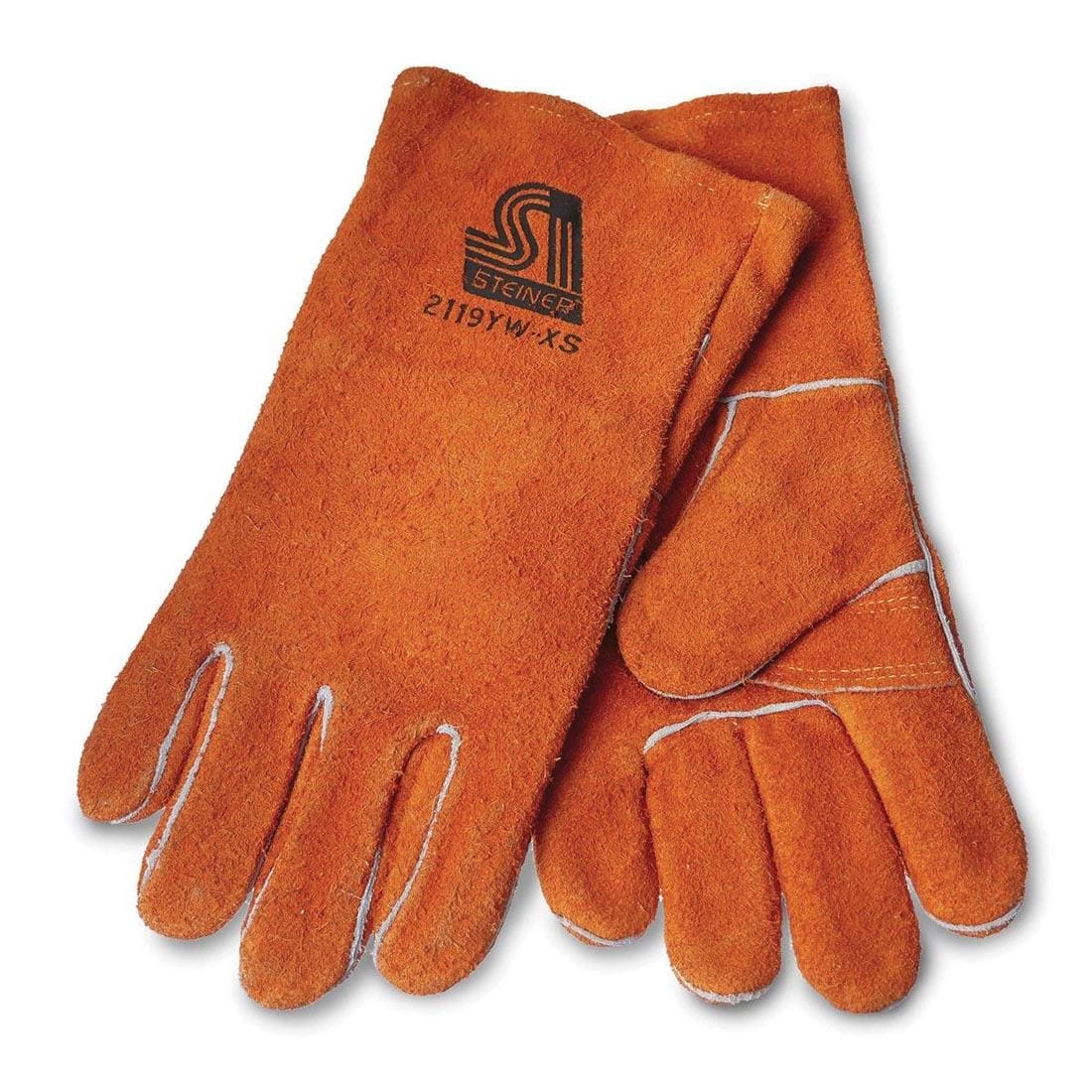 orange, cowhide gloves