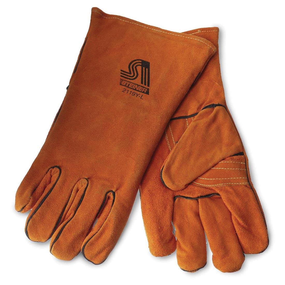 orange, cowhide gloves