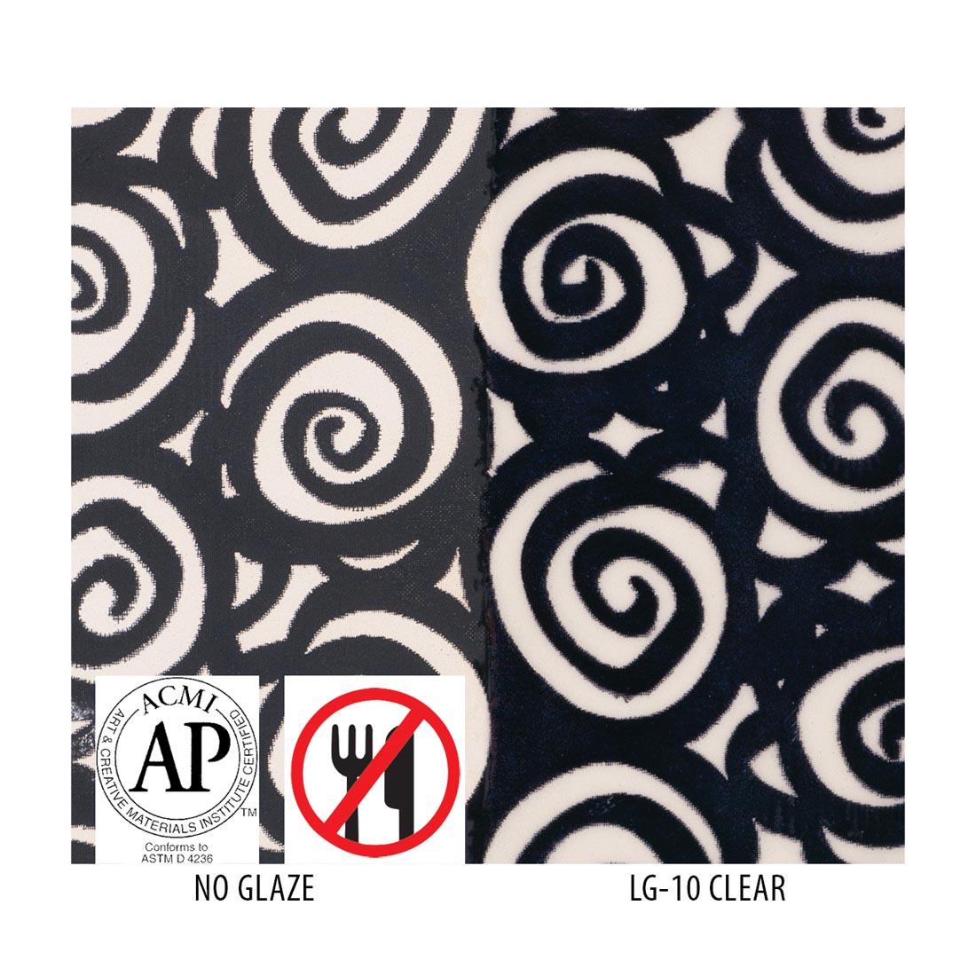 Clay tile with Jet Black Matte AMACO Ceramic Printing Ink applied with left side labeled No Glaze; right side labeled LG-10 Clear; plus symbols for AP Seal and not food safe