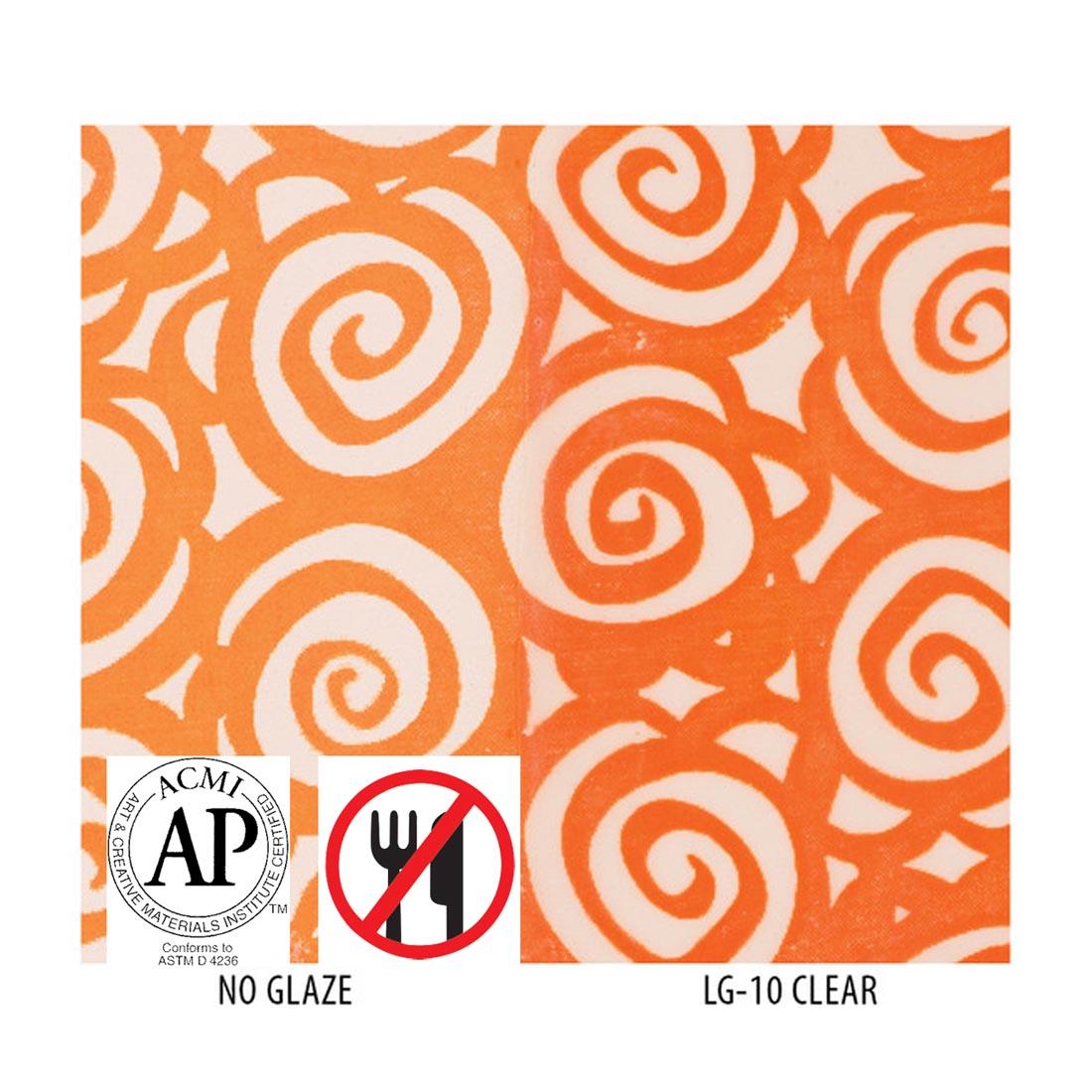 Clay tile with Bright Orange Matte AMACO Ceramic Printing Ink applied with left side labeled No Glaze; right side labeled LG-10 Clear; plus symbols for AP Seal and not food safe