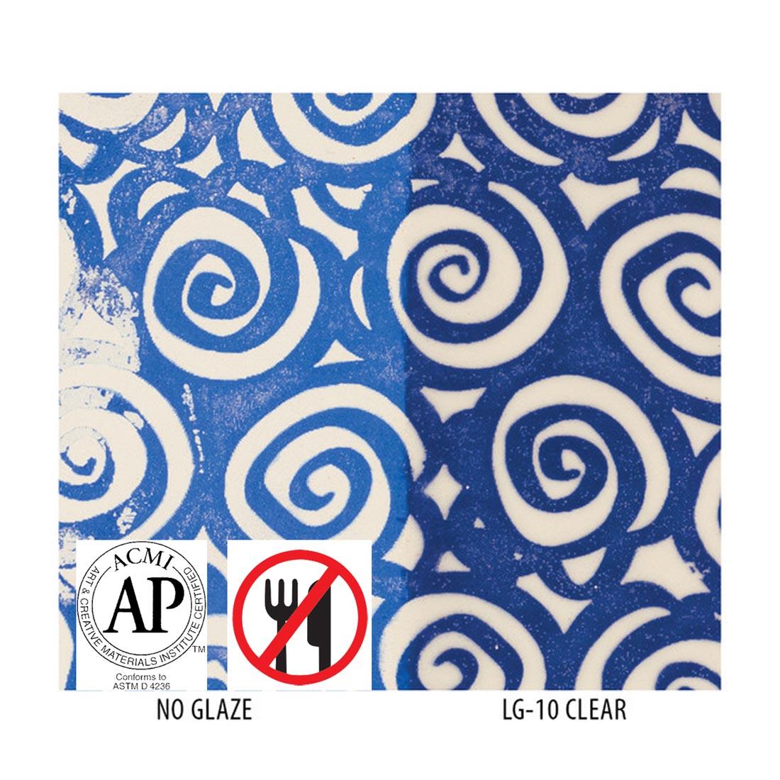 Clay tile with Medium Blue Matte AMACO Ceramic Printing Ink applied with left side labeled No Glaze; right side labeled LG-10 Clear; plus symbols for AP Seal and not food safe