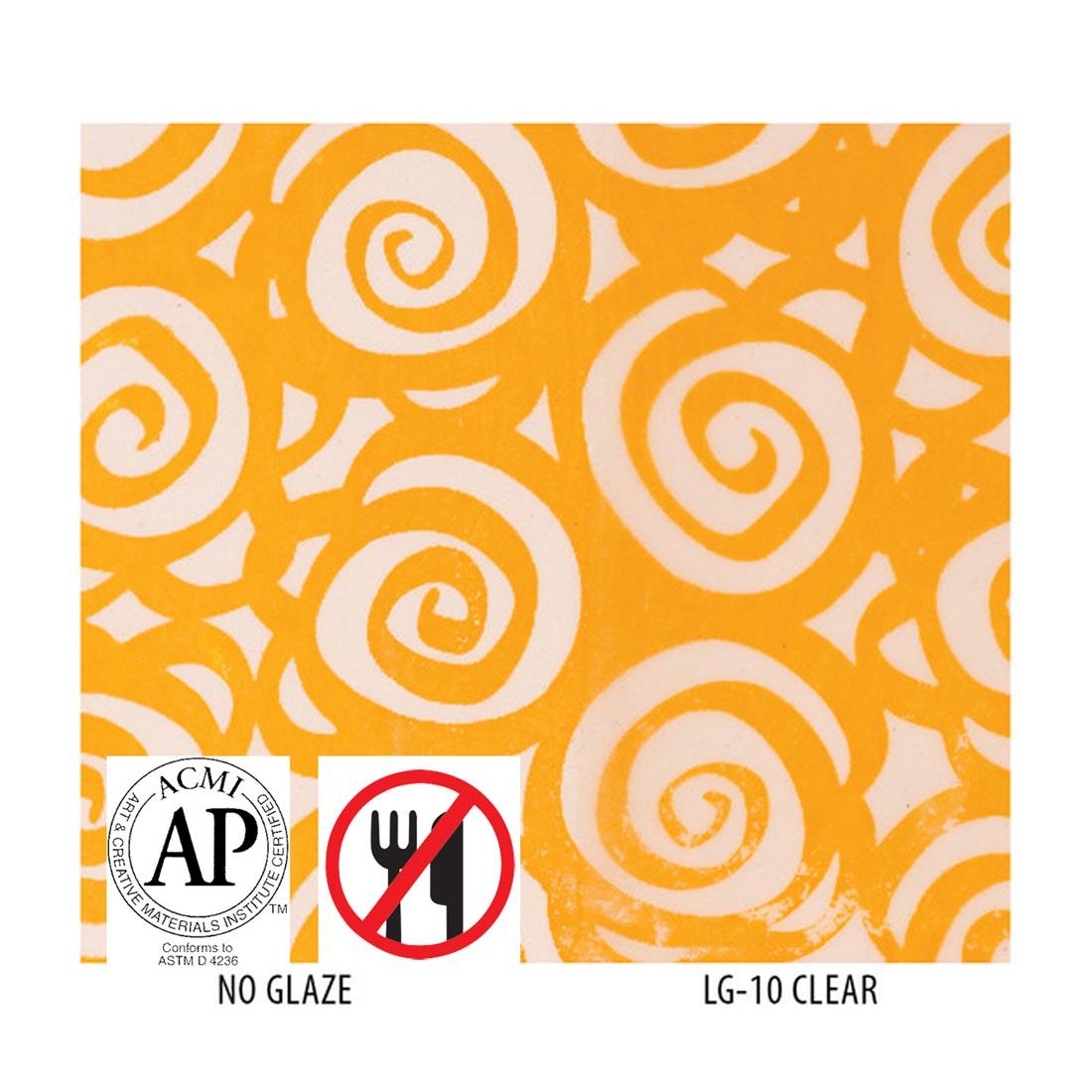 Clay tile with Deep Yellow Matte AMACO Ceramic Printing Ink applied with left side labeled No Glaze; right side labeled LG-10 Clear; plus symbols for AP Seal and not food safe