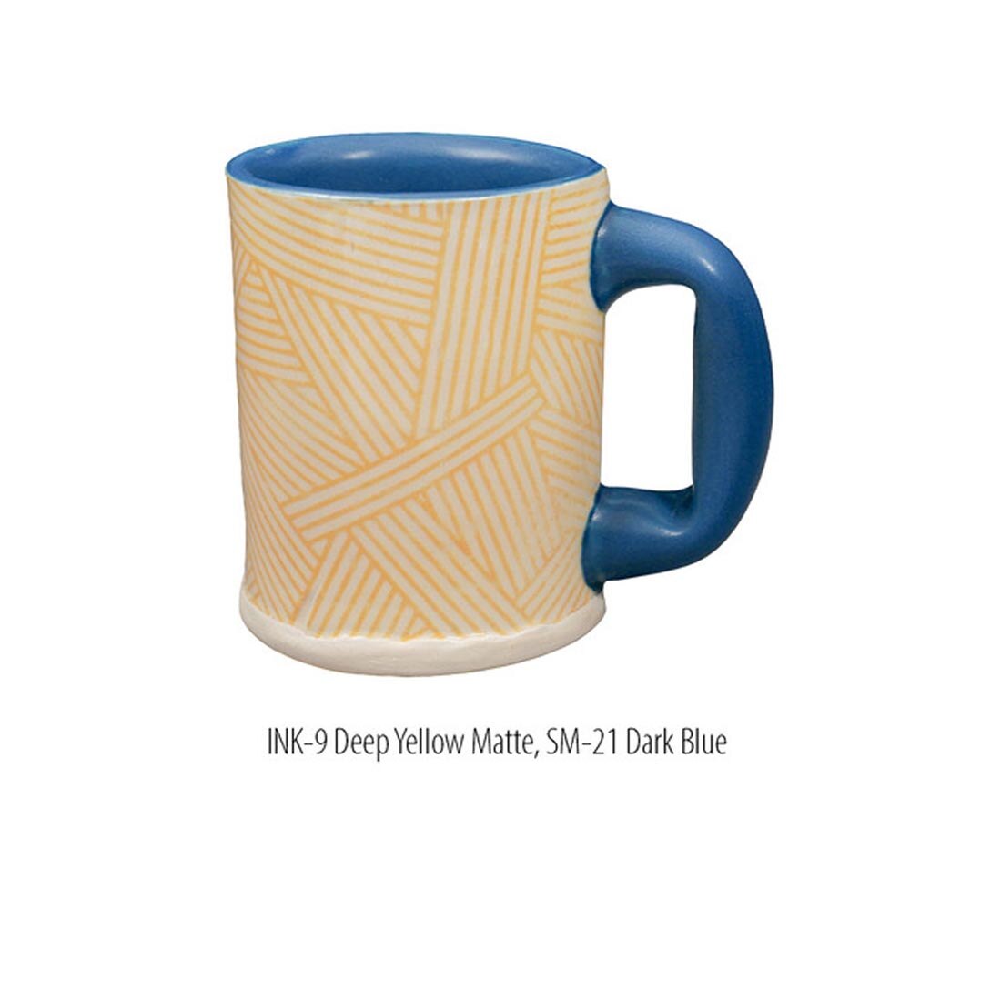 example mug design created with AMACO Ceramic Printing Ink and Glaze plus text INK-9 Deep Yellow Matt, SM-21 Dark Blue
