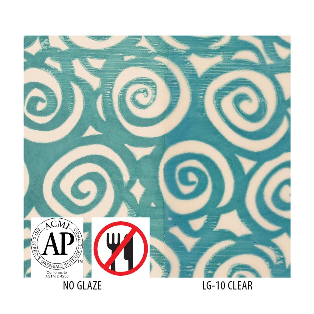 Clay tile with Turquoise Blue Matte AMACO Ceramic Printing Ink applied with left side labeled No Glaze; right side labeled LG-10 Clear; plus symbols for AP Seal and not food safe