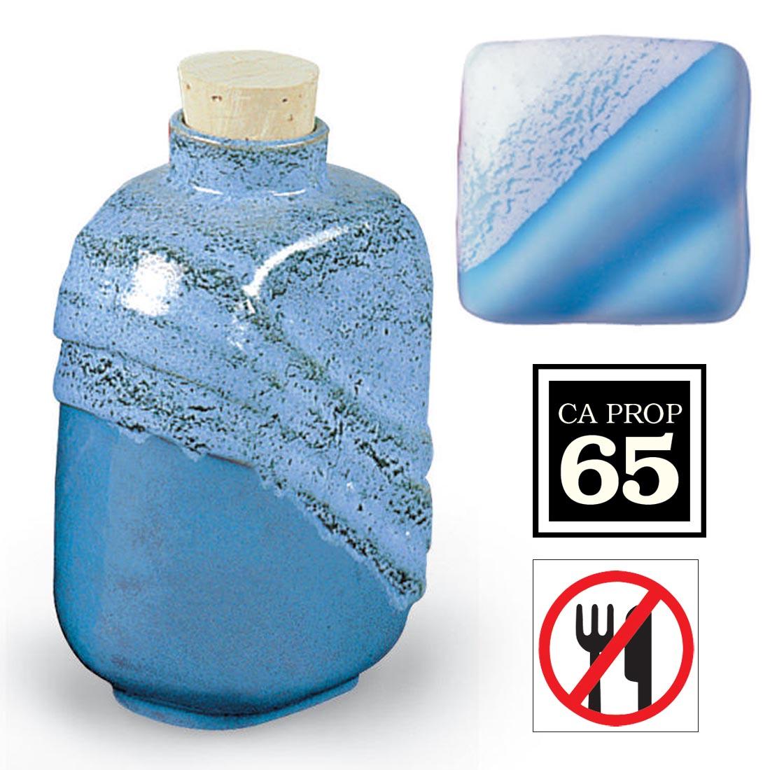 sample tile and jar with AMACO TL-1 Glaze Texturizer applied; symbols for Prop 65 and not food safe