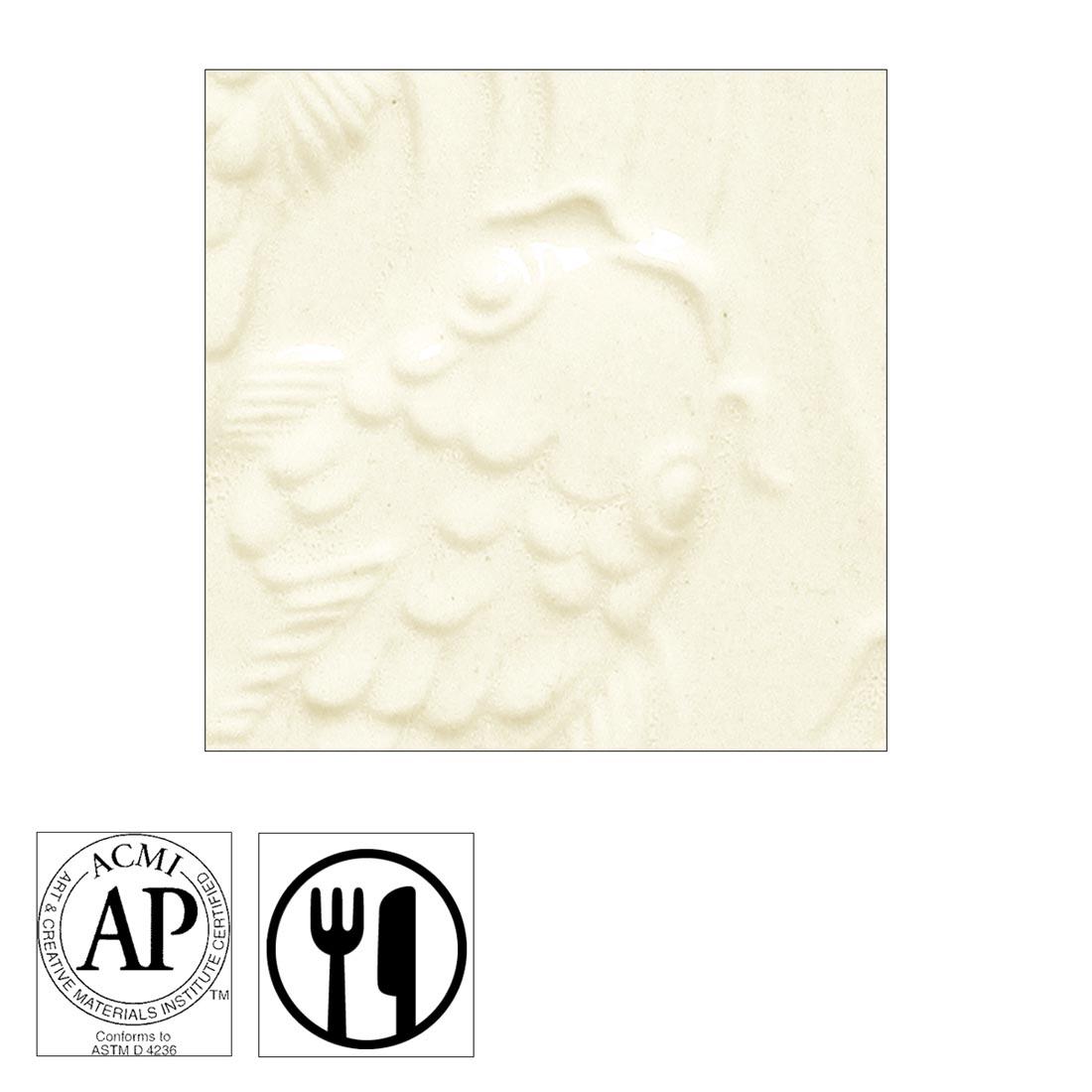 clay tile with Clear Transparent AMACO Gloss Glaze applied; symbols for AP Seal and food safe