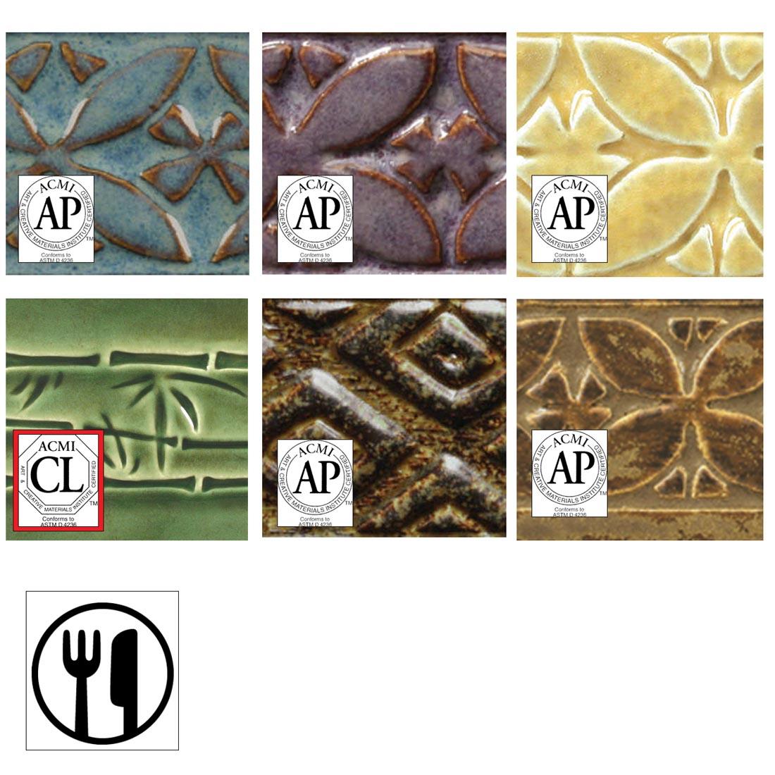 clay tiles with AMACO Potter's Choice High Fire Glazes applied each overlaid with their own health seals