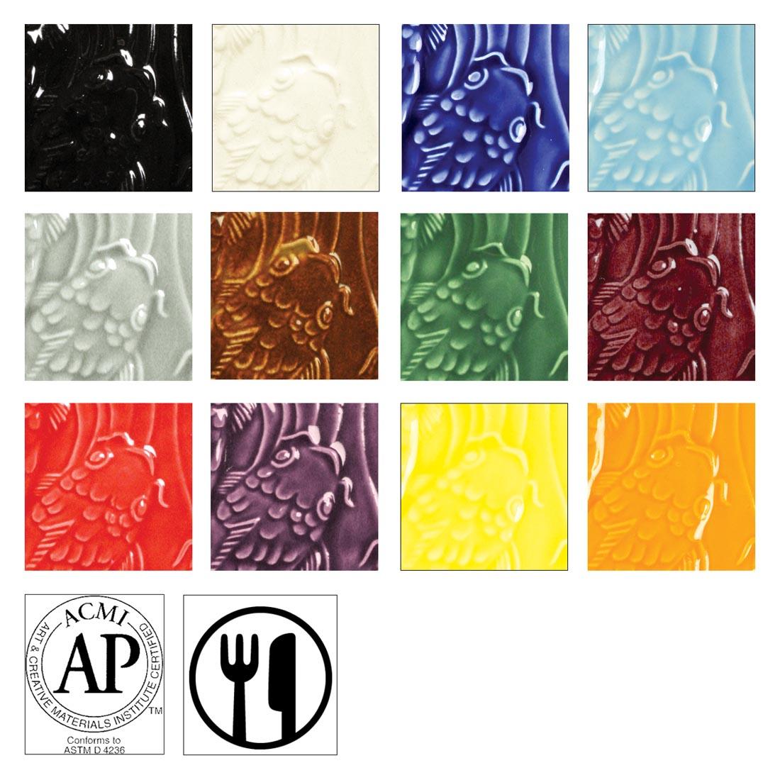 clay tiles with AMACO Gloss Glazes applied; symbols for AP Seal and food safe