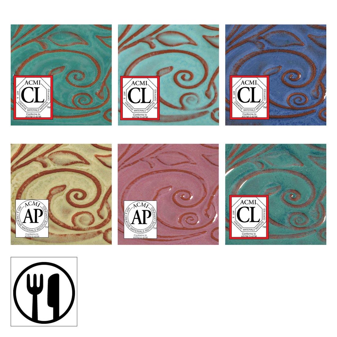 clay tiles with AMACO Opalescent Glazes applied each overlaid with their own health seals