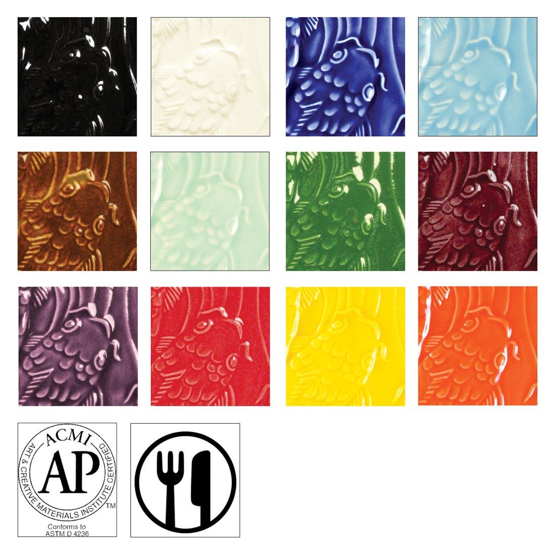 clay tiles with AMACO Gloss Glazes applied; symbols for AP Seal and food safe