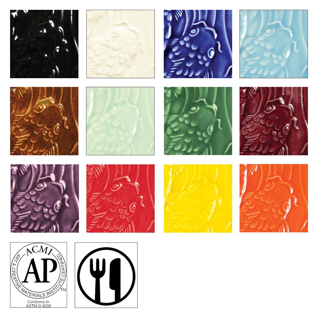 clay tiles with AMACO Gloss Glazes applied; symbols for AP Seal and food safe