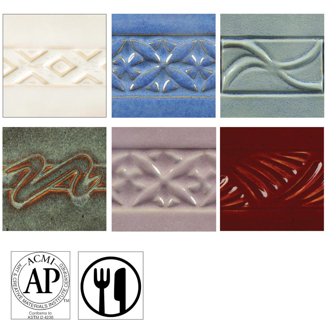 clay tiles with AMACO Potter's Choice High Fire Glazes applied; symbols for AP Seal and food safe