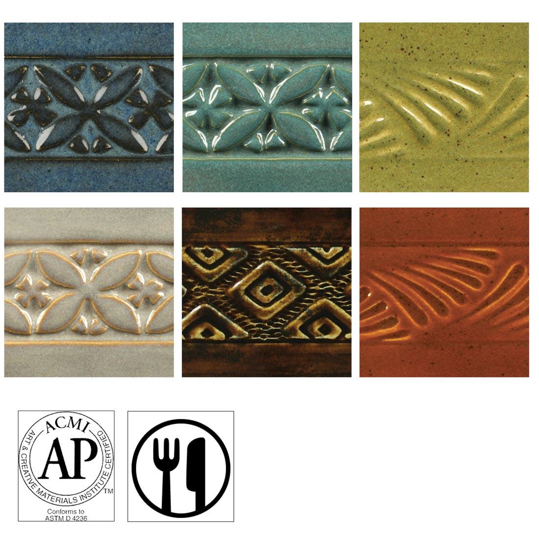 clay tiles with AMACO Potter's Choice High Fire Glazes applied; symbols for AP Seal and food safe