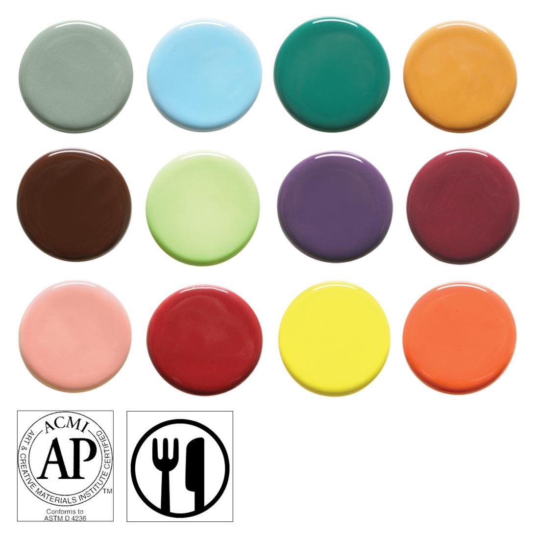 clay tiles with AMACO Teacher's Palette Gloss Glazes applied; symbols for AP Seal and food safe