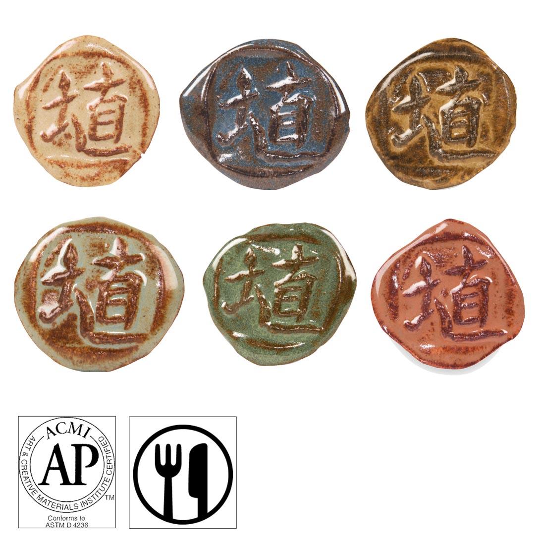 clay chips with AMACO Shino High Fire Gloss Glazes applied; symbols for AP Seal and food safe