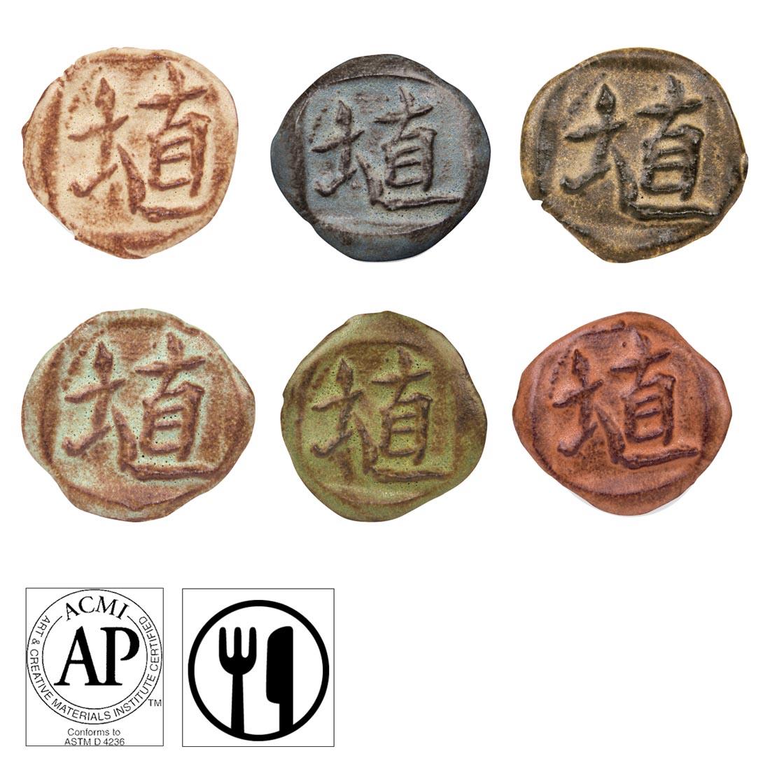 clay chips with AMACO Shino High Fire Matt Glazes applied; symbols for AP Seal and food safe