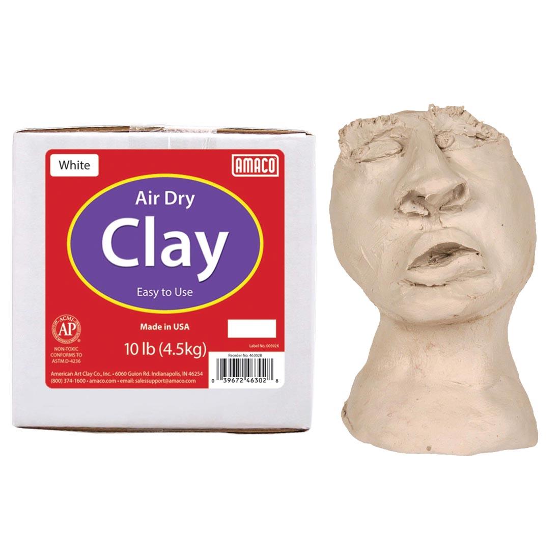 box of AMACO White Air Dry Modeling Clay with clay sculpture example