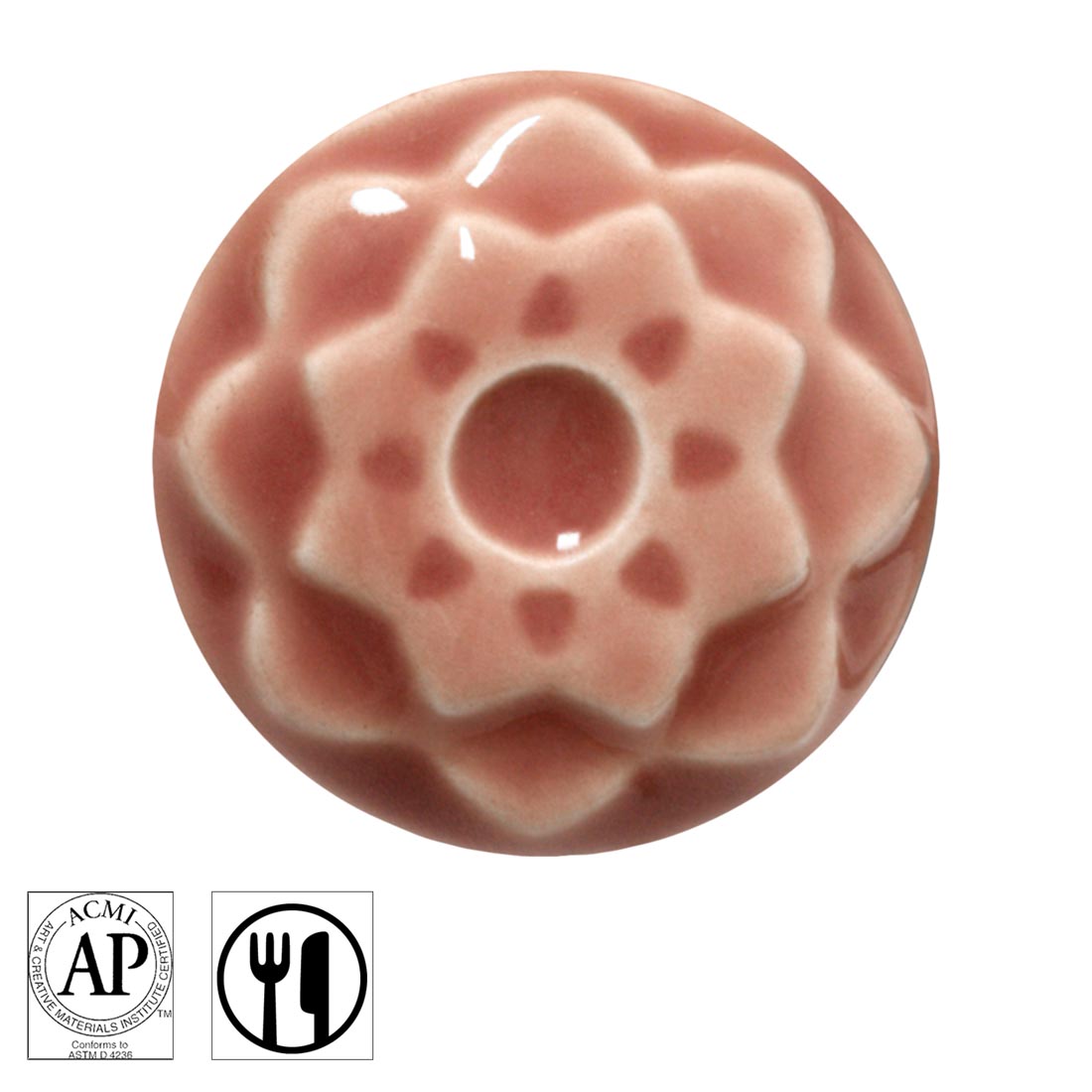 clay chip with Cherry Blossom AMACO Celadon High Fire Transparent Gloss Glaze applied; symbols for AP Seal and food safe