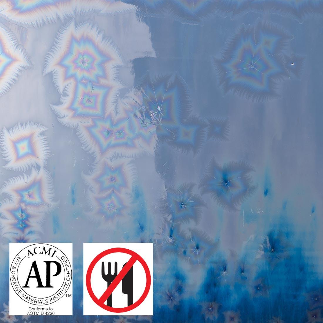 clay tile with Galactic Glacier AMACO Cosmos High Fire Glaze applied; symbols for AP Seal and not food safe