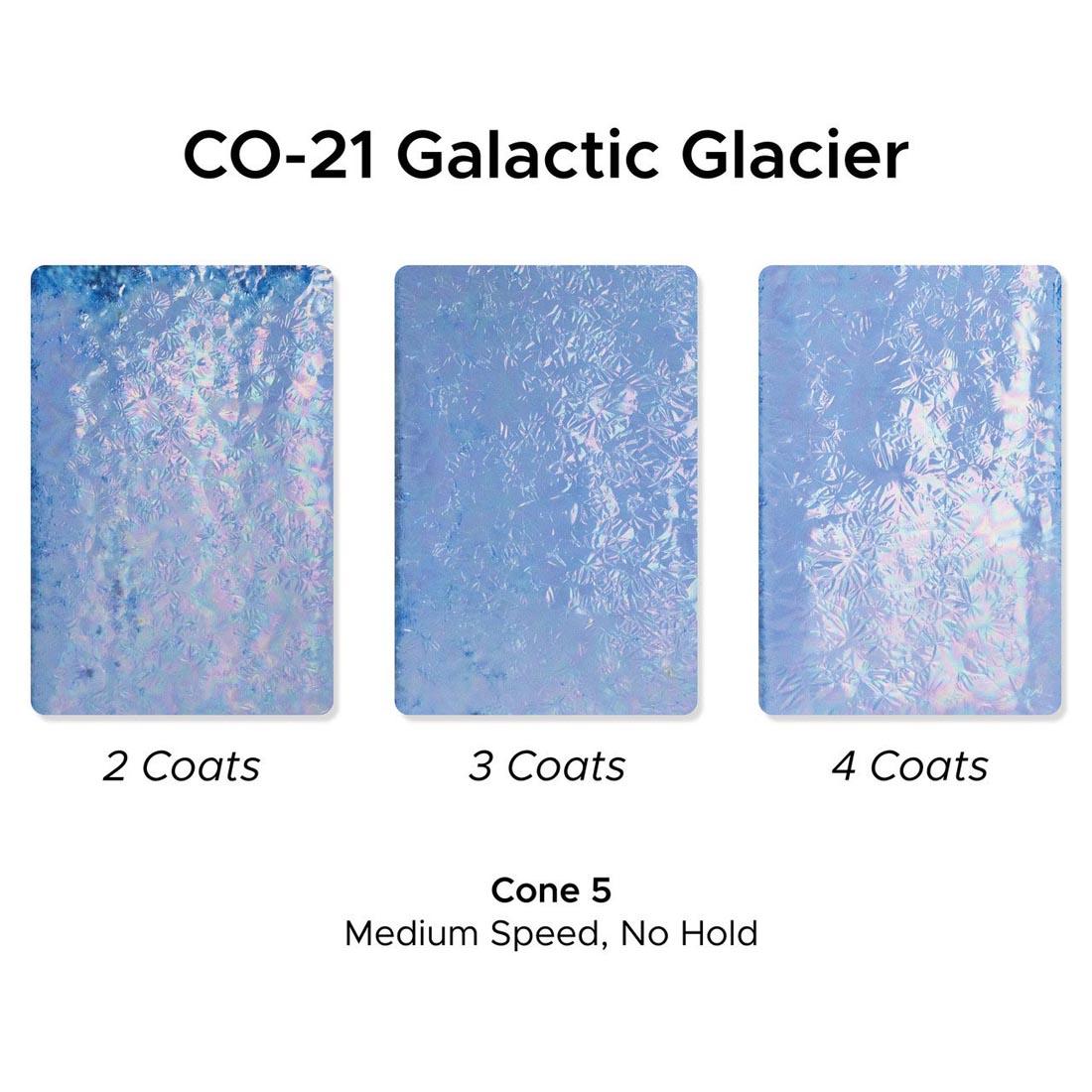 3 clay tiles with Galactic Glacier AMACO Cosmos High Fire Glaze applied plus text 2 Coats; 3 Coats; 4 Coats; Cone 5 Medium Speed, No Hold