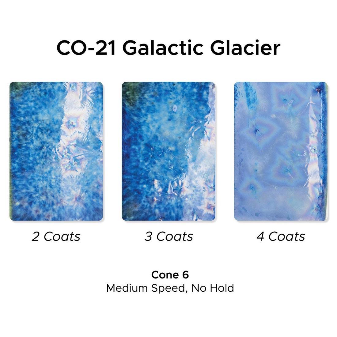 3 clay tiles with Galactic Glacier AMACO Cosmos High Fire Glaze applied plus text 2 Coats; 3 Coats; 4 Coats; Cone 6 Medium Speed, No Hold