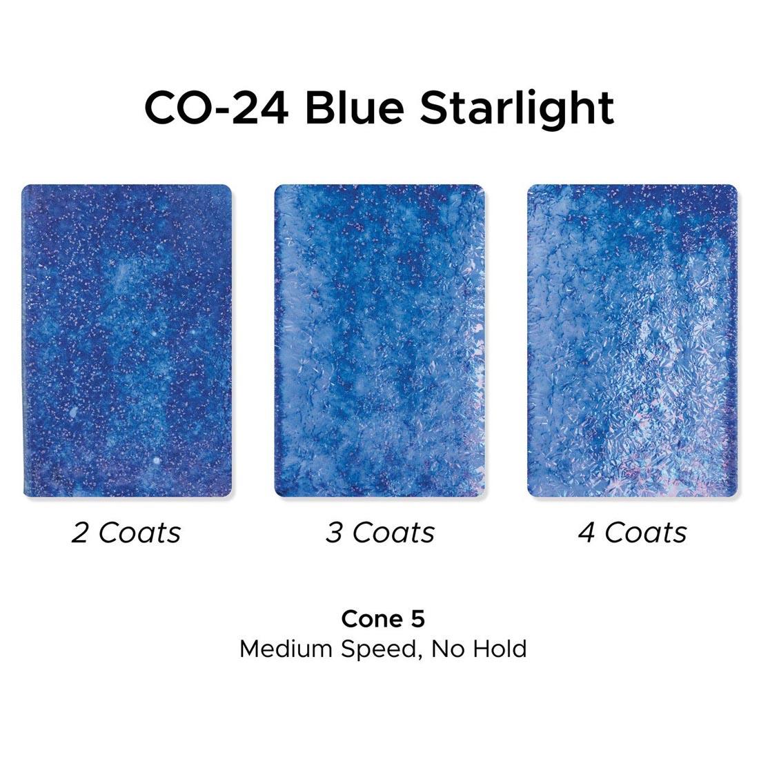 3 clay tiles with Blue Starlight AMACO Cosmos High Fire Glaze applied plus text 2 Coats; 3 Coats; 4 Coats; Cone 5 Medium Speed, No Hold