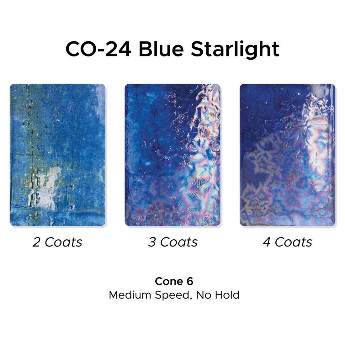 3 clay tiles with Blue Starlight AMACO Cosmos High Fire Glaze applied plus text 2 Coats; 3 Coats; 4 Coats; Cone 6 Medium Speed, No Hold