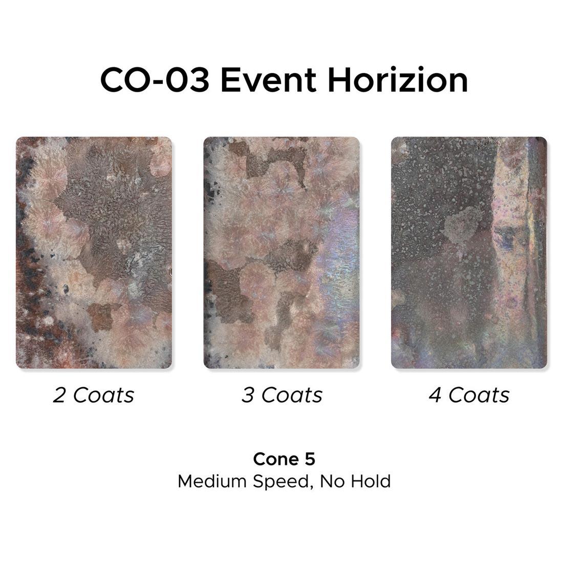 3 clay tiles with Event Horizon AMACO Cosmos High Fire Glaze applied plus text 2 Coats; 3 Coats; 4 Coats; Cone 5 Medium Speed, No Hold