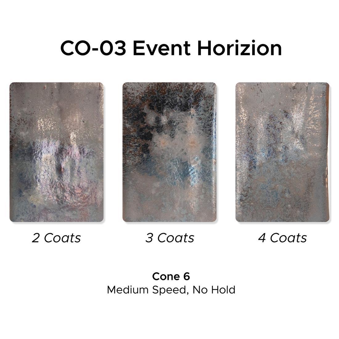 3 clay tiles with Event Horizon AMACO Cosmos High Fire Glaze applied plus text 2 Coats; 3 Coats; 4 Coats; Cone 6 Medium Speed, No Hold