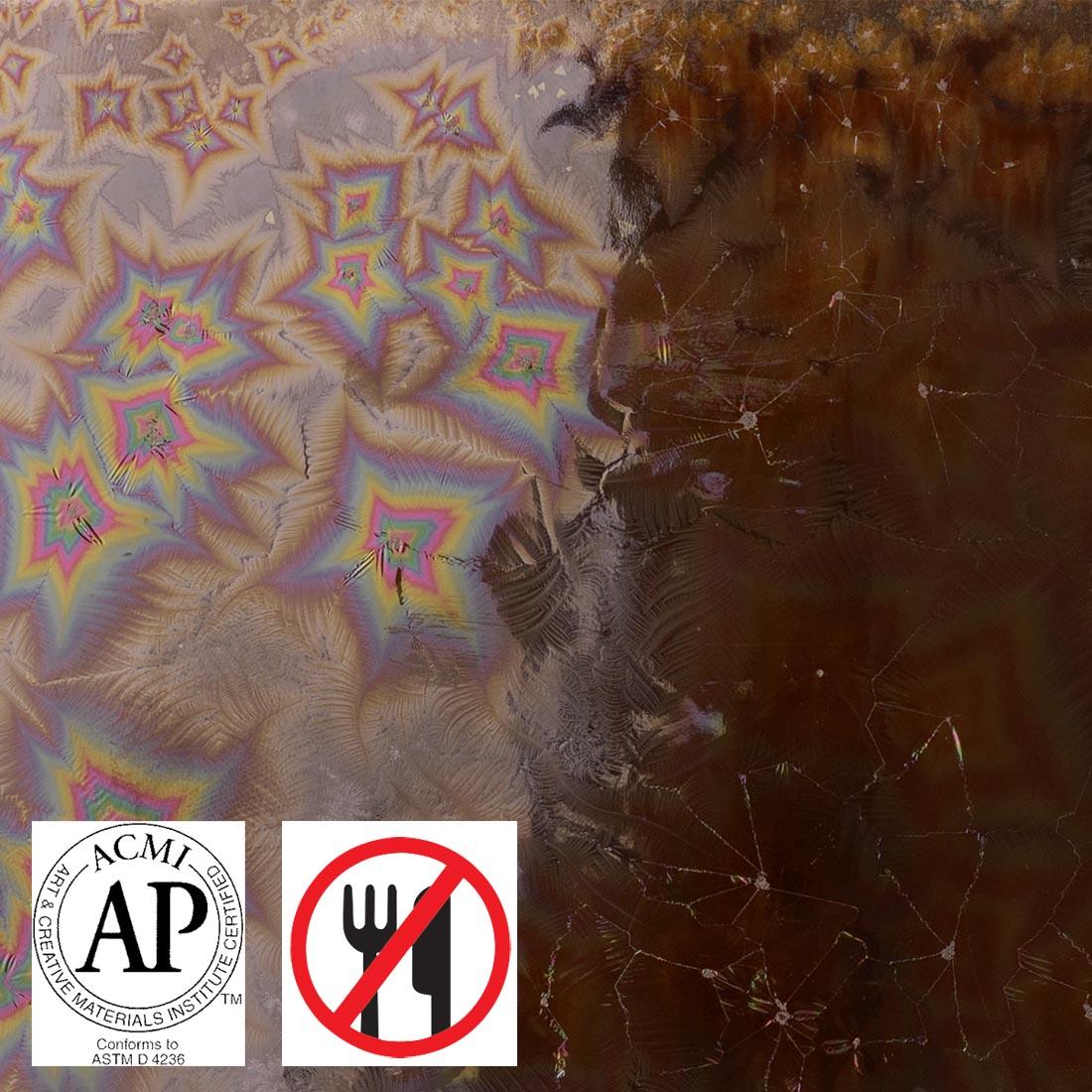 clay tile with Dark Matter AMACO Cosmos High Fire Glaze applied; symbols for AP Seal and not food safe