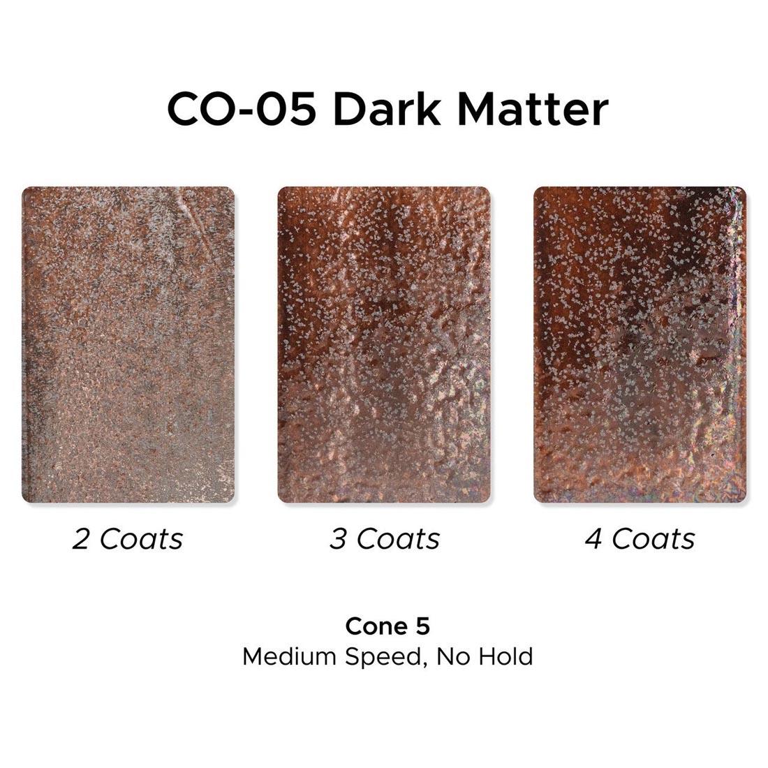 3 clay tiles with Dark Matter AMACO Cosmos High Fire Glaze applied plus text 2 Coats; 3 Coats; 4 Coats; Cone 5 Medium Speed, No Hold