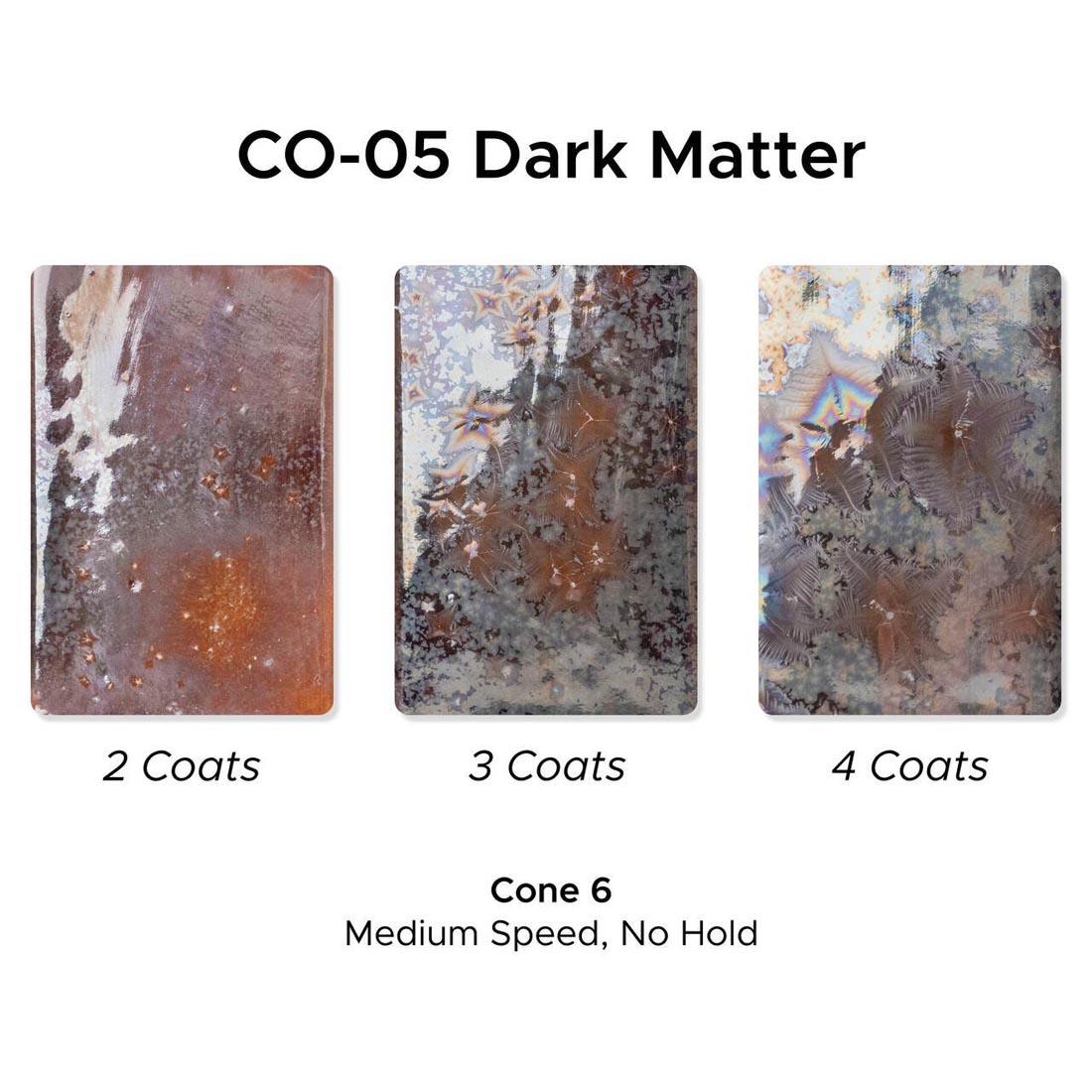 3 clay tiles with Dark Matter AMACO Cosmos High Fire Glaze applied plus text 2 Coats; 3 Coats; 4 Coats; Cone 6 Medium Speed, No Hold