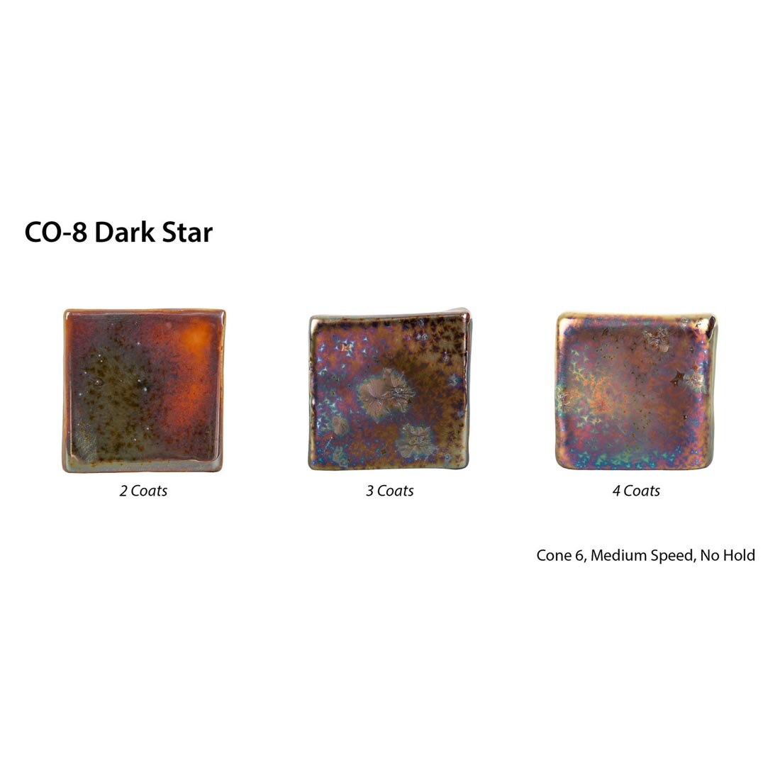 3 clay tiles with AMACO Cosmos High Fire Glaze applied with text CO-8 Dark Star; 2 Coats; 3 Coats; 4 Coats; Cone 6, Medium Speed, No Hold