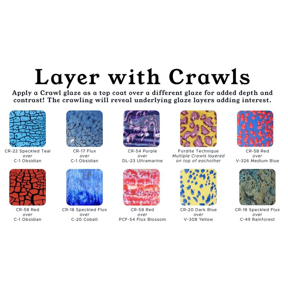 Layer with Crawls infographic with 10 example tiles each labeled with the color of AMACO Crawls High Fire Glaze applied over a different Amaco glaze
