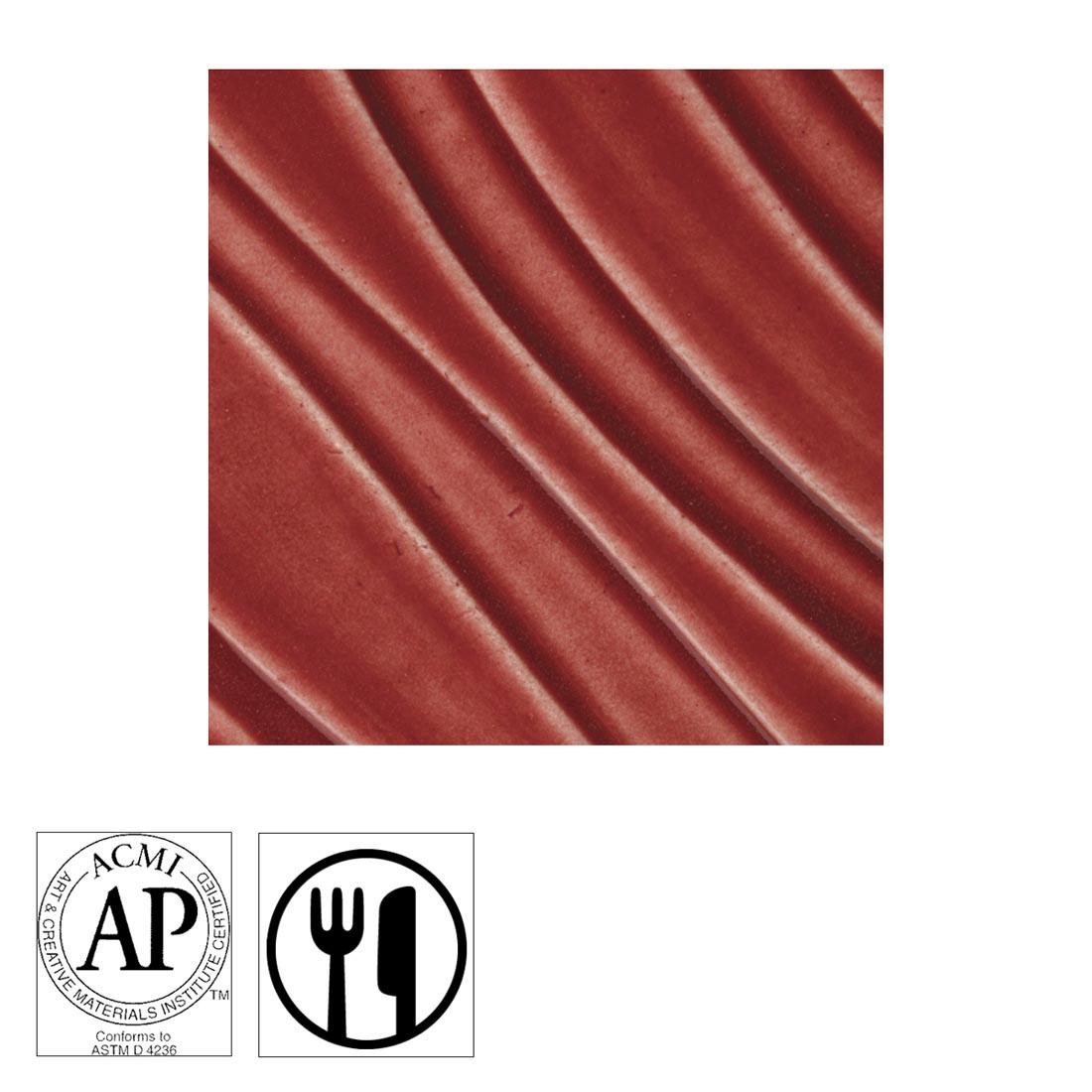 clay tile with Burgundy AMACO F-Series Glaze applied; symbols for AP Seal and food safe