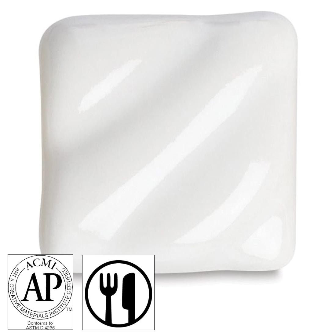 clay tile with AMACO High Fire Zinc-Free Clear Gloss Glaze applied; symbols for AP Seal and food safe