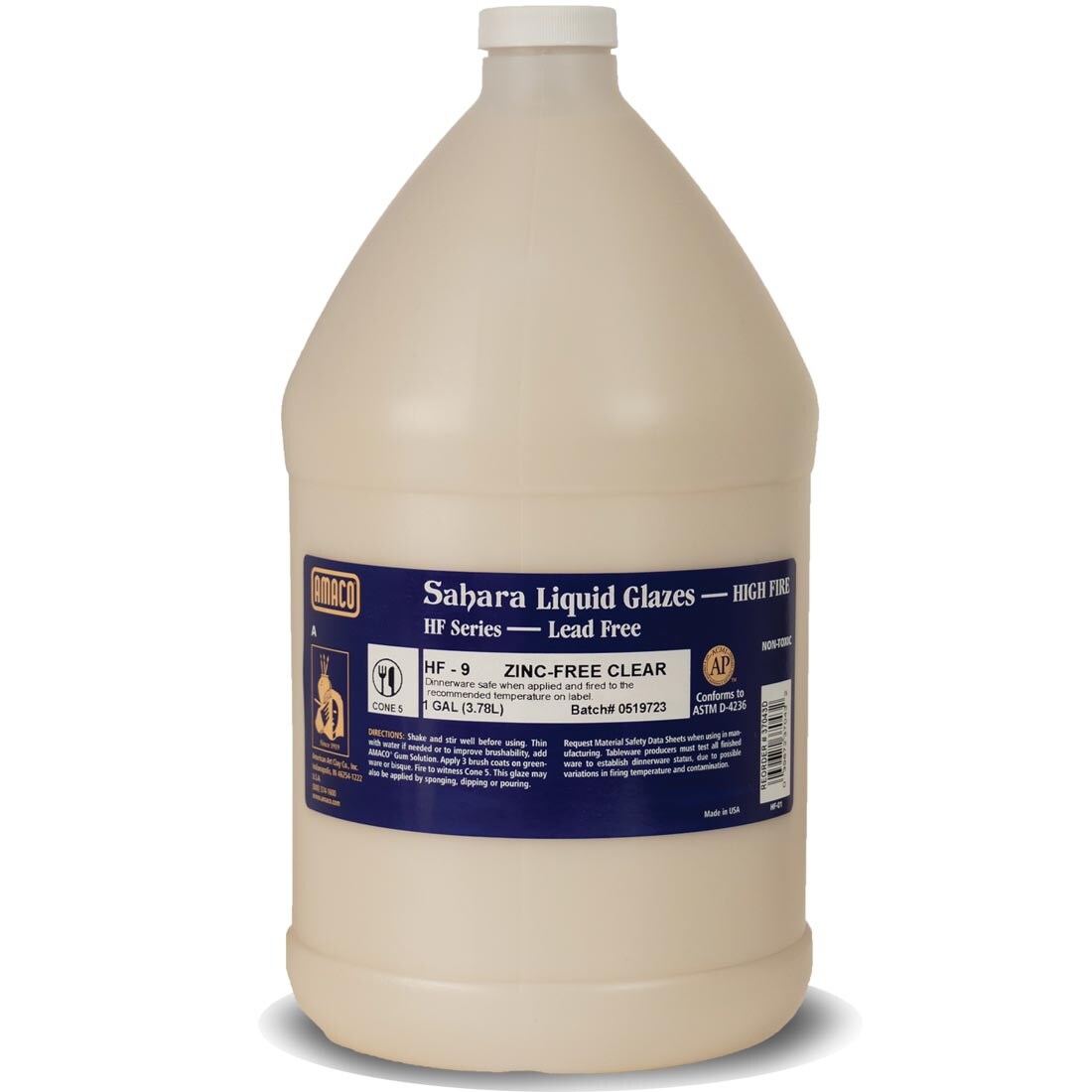 Gallon jug of AMACO High Fire Zinc-Free Clear Gloss Glaze