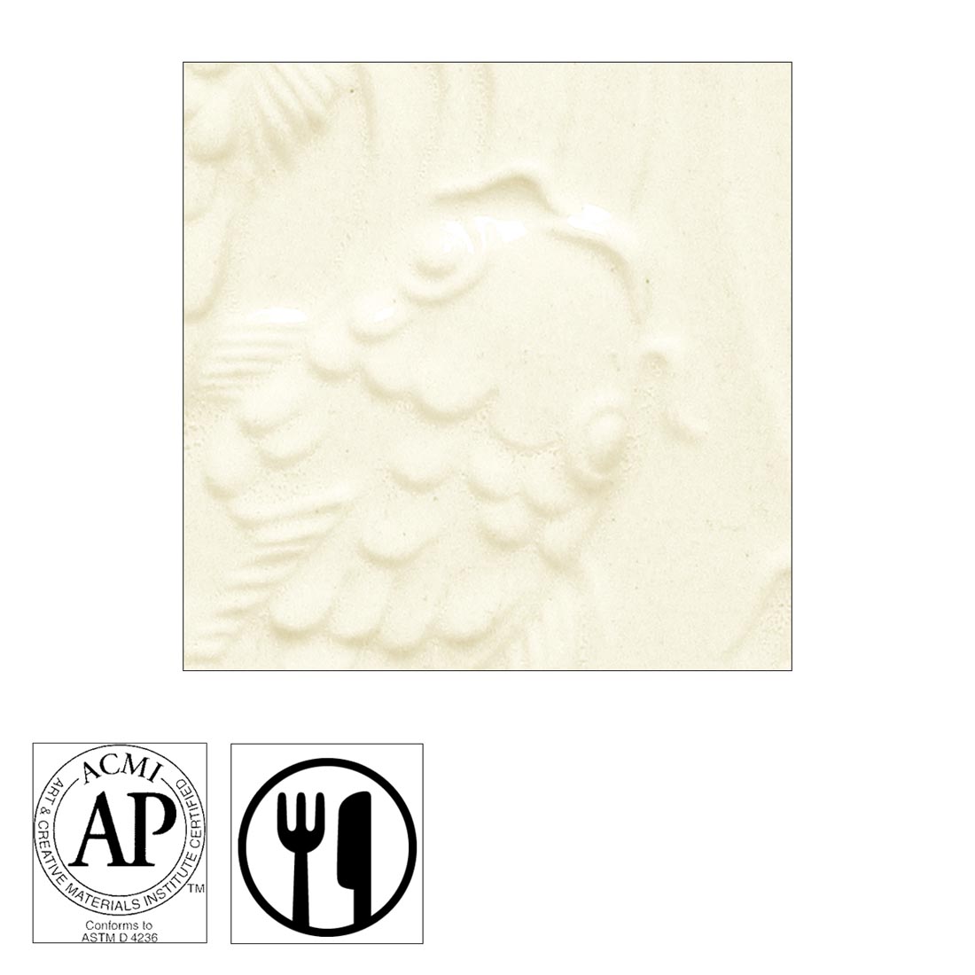 clay tile with Transparent AMACO Gloss Glaze applied; symbols for AP Seal and food safe
