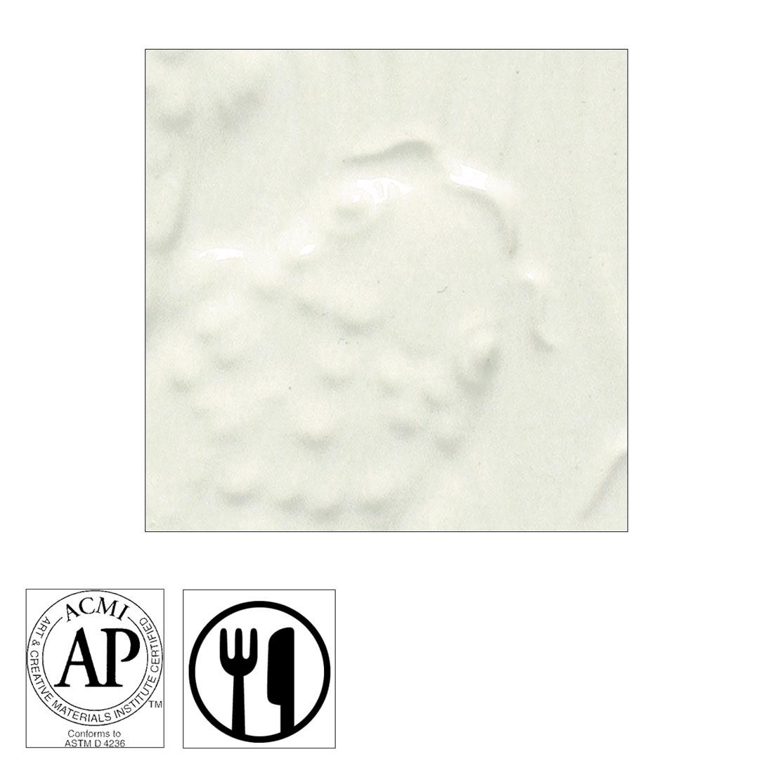 clay tile with Opaque White AMACO Gloss Glaze applied; symbols for AP Seal and food safe