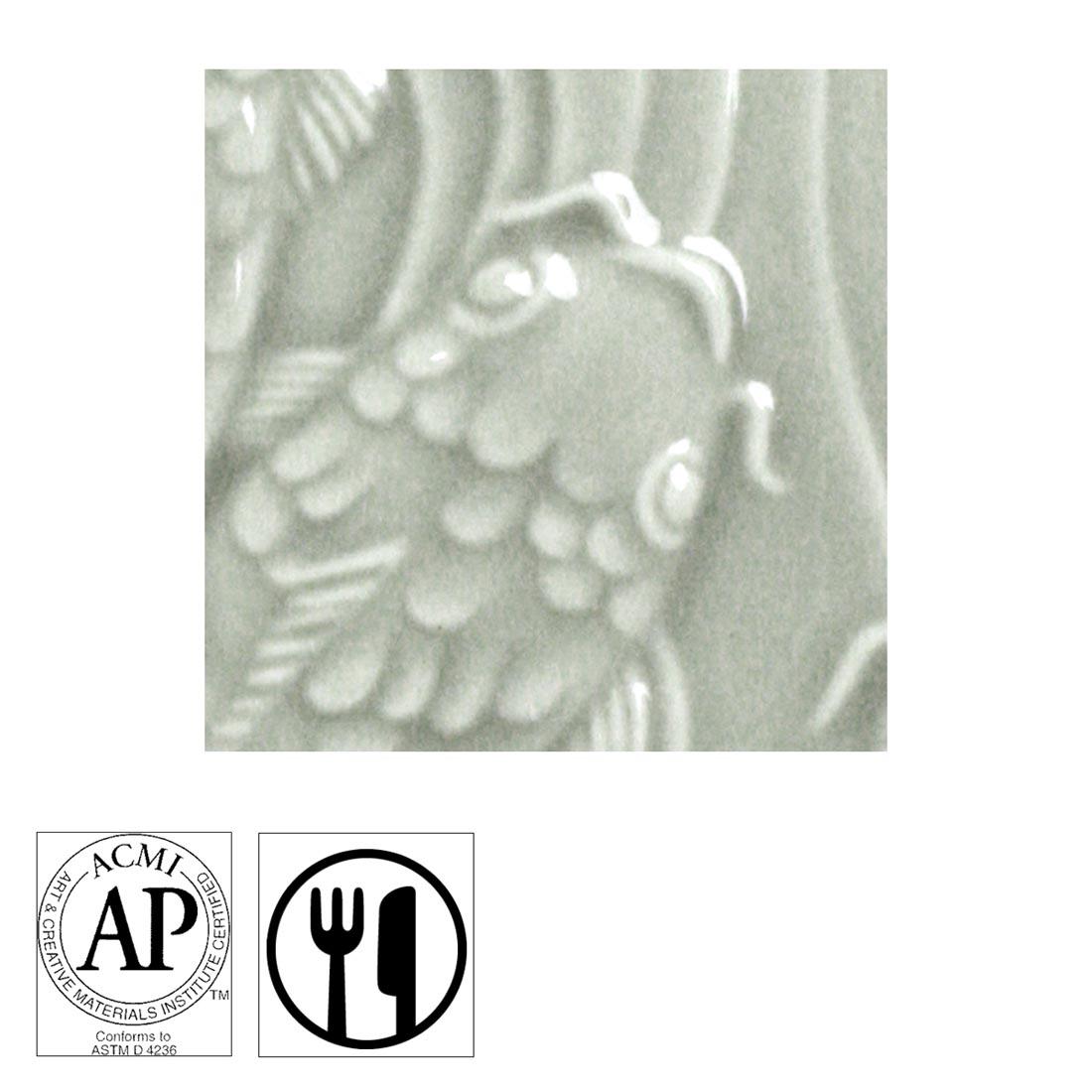 clay tile with Gray AMACO Gloss Glaze applied; symbols for AP Seal and food safe